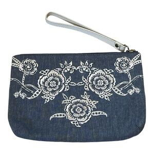 Talbots Chambray Denim Floral Embroidered Wristlet Bag